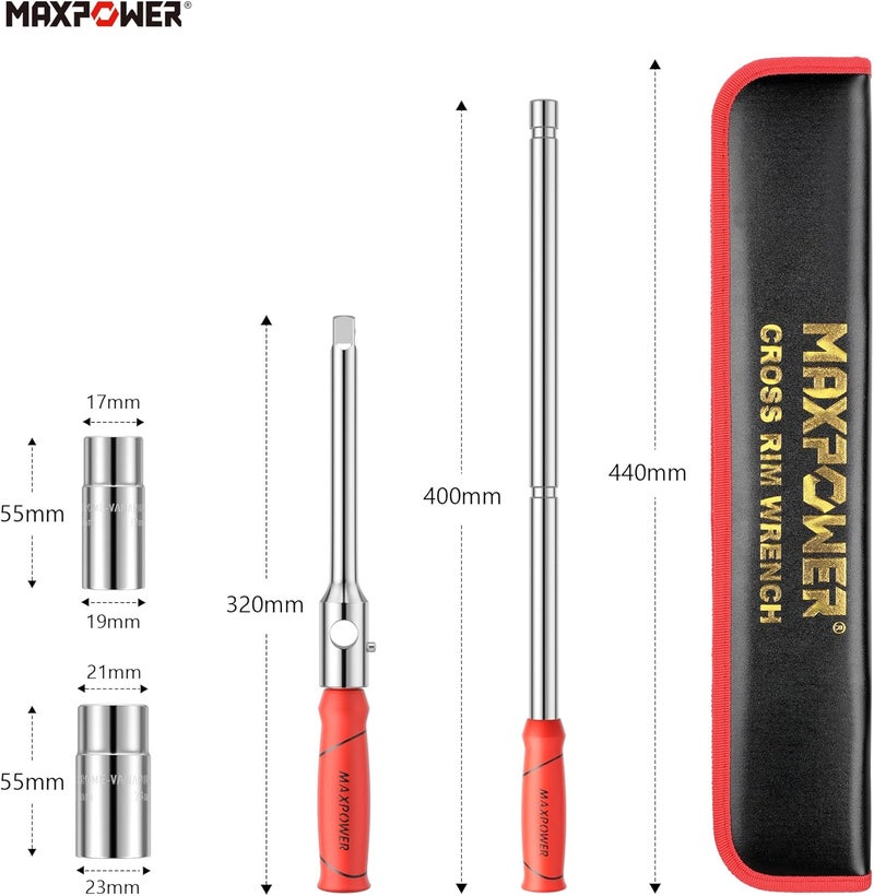 Max Power Lug Wrench, Tire Wrench With 1/2-Inch Drive and 2PCS Standard Sockets (17 mm/19 mm, 21 mm/23 mm), Detachable Rapid Cross Lug Nut Wrench With Storage Box - Image 4